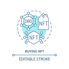 Buying NFT turquoise concept icon. Unique virtual art market. DAO usage purpose abstract idea thin line illustration. Isolated outline drawing. Editable stroke. Arial, Myriad Pro-Bold fonts used