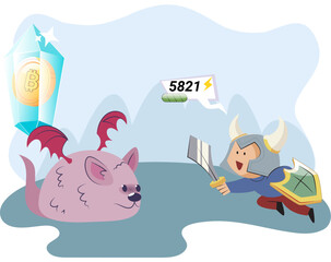 Play to earn, video games in which player can receive rewards with real value, blockchain projects. Cyber cartoon characters playing games to earn cryptocurrencies, trying to find money and power ups