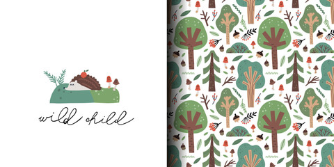 Obraz premium Forest print and pattern. Cute hedgehog, green trees. Cartoon childish print, scandinavian design. Decor textile wrapping paper, nursery wallpaper. Doodle drawing, woodland vector seamless background