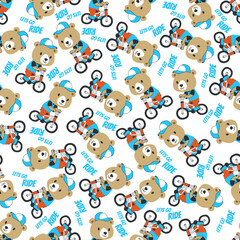 Fototapeta premium Colorful seamless pattern with cute cartoon bear riding bicycle . Endless texture for fabric, baby clothes, background, textile, wallpaper and other decoration.