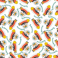 Seamless pattern of submarine with cute sailor under sea. Cute Marine pattern for fabric, baby clothes, background, textile, wrapping paper and other decoration.