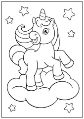 Coloring page for book with cartoon outline unicorn. Printable education paint colouring template. Vector activity drawing worksheet.