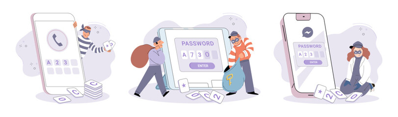 Hacker activity. Hacking computer. Phishing account, steal data, cyber attack. Stealing password. Cyber crime, theft personal information, cyber security spy access. Internet fraud scenes set metaphor