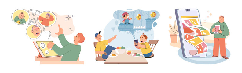 Happy little kid using tablet, child watching smartphone while eating at kitchen at home. Irritated mom is nervous that kid is distracted during feeding and spends too much time with gadgets