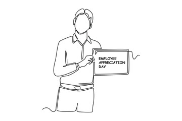 Single one line drawinga male employee holding an employee appreciation certificate. Employee appreciation day concept. Continuous line draw design graphic vector illustration.