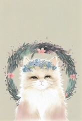  cuttie fluffy kitty with a wreath, watercolor style Generative AI