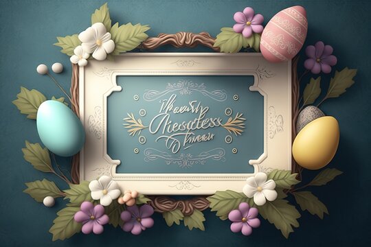 Happy Easter background with message, frame and easter eggs scene, AI genertaed