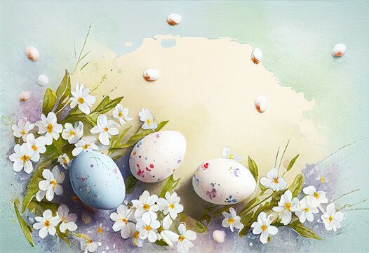  easter eggs, white little flowers, background image, watercolor style Generative AI