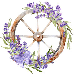 Watercolor lavender flower illustration. Farmhouse vintage style. Rusty iron old wheel. Provence hand painted set for print, sticker, scrapbooking, rustic wedding design © Nataliya Kunitsyna