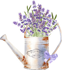 Watercolor lavender flower illustration. Farmhouse vintage style. Rusty iron pitcher, watering can, wheel. Provence hand painted set for print, sticker, scrapbooking, rustic wedding design © Nataliya Kunitsyna