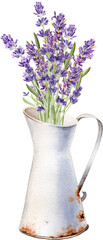 Watercolor lavender flower illustration. Farmhouse vintage style. Rusty iron pitcher, watering can, wheel. Provence hand painted set for print, sticker, scrapbooking, rustic wedding design
