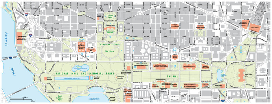 Road map of the National Mall in Washington DC, United States