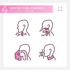 Throat diseases types pixel perfect RGB color linear icons set. Early diagnostics of dangerous problem. Hazard prevention. Isolated vector illustration. Simple filled line drawing. Editable stroke
