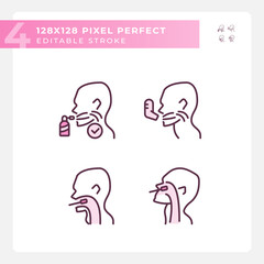 Throat examination and inhalation pixel perfect RGB color linear icons set. Respiratory disease diagnostic. Medical service. Isolated vector illustration. Simple filled line drawing. Editable stroke