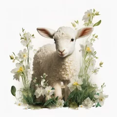 A lamb surrounded by Easter lilies. generative ai. © Gogi