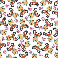 Seamless pattern vector of off road car with animal driver. Creative vector childish background for fabric textile, nursery background, baby clothes, poster, wrapping paper and other decoration.