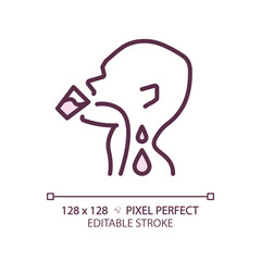Drinking water pixel perfect RGB color linear icon. Liquid flowing down throat. Human body hydration. Healthcare. Thin line illustration. Contour symbol. Vector outline drawing. Editable stroke