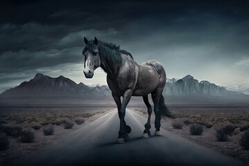 Big pretty gray and white horse, beautiful mane, standing on a long road from foreground to background in a desert, dry, barren mountainous setting. Many mountains in background, AI