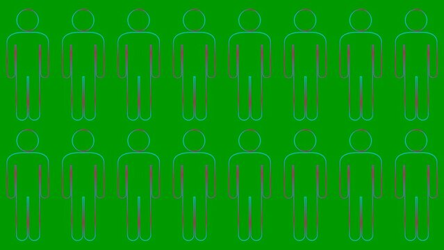 Animated pink blue linear symbols. Background with people. Concept of social, teamwork, connection, communication, society. Looped video. Vector illustration isolated on green background.