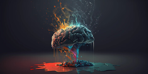 Concept art of the human brain exploding with knowledge and creativity. The brains are flowing. Brains and paint. Generative ai
