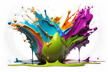 Abstract Colourful and Dynamic Paint Splashes on White Background. Generative AI