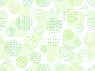手描き風の緑の植物とドットとストライプ柄の円のパターン背景