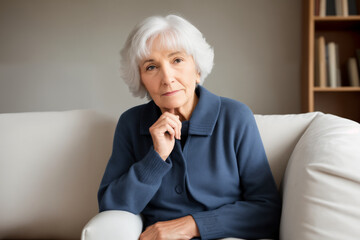Sad tired ill sick lonely disappointed caucasian old elderly senior woman grandmother sitting on the sofa couch, feeling nostalgy, pain, missing grandchildren, bankruptcy, fraud at home. Generative ai