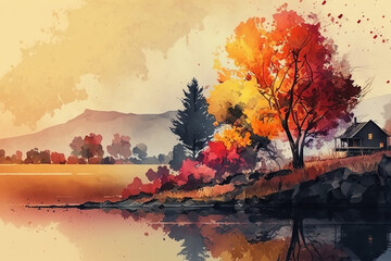 Rural autumn landscape watercolor illustration. Lake, house on shore, yellow-orange tree. Generative AI