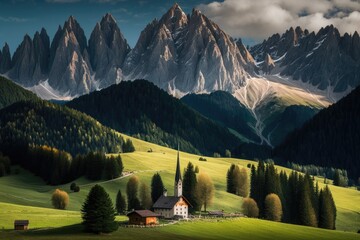 Mountain Val di Funes in the Dolomites Alps. Generative AI - obrazy, fototapety, plakaty