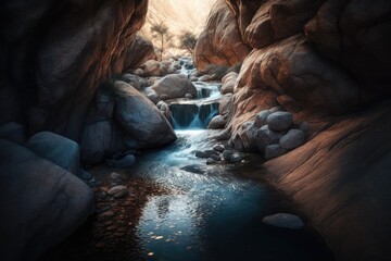 The natural pure water flowing out of the enormous mountain, surrounded by boulders, could be utilized as wallpaper or a background decoration. Generative AI