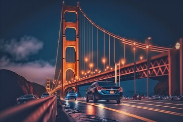 Majestic Golden Gate Bridge Illuminated by Cars, AI Generated