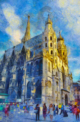 St Stephen's Cathedral in Vienna, Austria. Impressionist oil painting. Van Gogh painting style digital imitation.