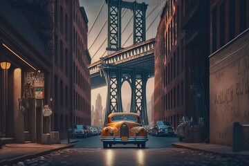 Majestic Manhattan Bridge Illuminated by Cars, AI Generated
