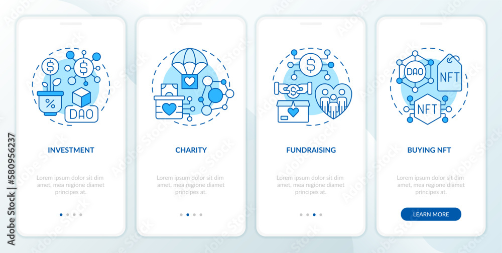 Poster dao usage purpose blue onboarding mobile app screen. internet business walkthrough 4 steps editable 
