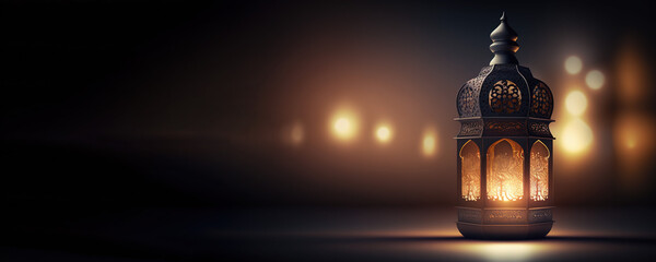 Arabic lantern Ramadan concept, copy space background. Generative AI