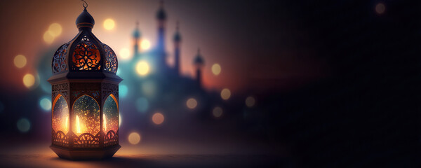 Arabic lantern Ramadan concept, copy space background. Generative AI