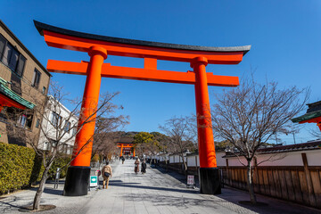 Red torii along a path at the Fushimi Inari shrine in Kyoto.