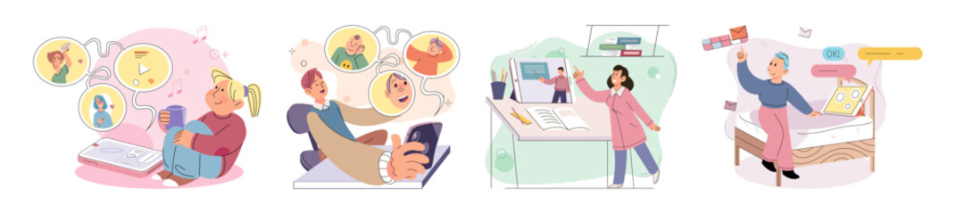 Children at home with phones and tablets set. Kids remote education, toddlers use smart technologies. Kids studying online, surfing social media, playing game, chatting by video call and use internet