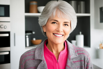 Beautiful senior mature woman preparing healthy and delicious food in a modern kitchen. Generative ai