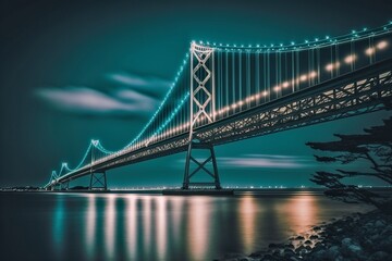 Obraz premium Majestic Akashi Kaikyo Bridge Illuminated at Night, AI Generated