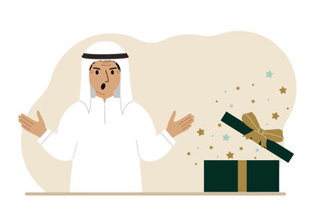 A arabic man next to an open gift. The concept of a holiday, surprise, promotion, discount.