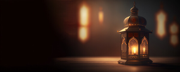 Arabic lantern Ramadan concept, copy space background. Generative AI