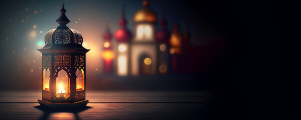 Arabic lantern Ramadan concept, copy space background. Generative AI