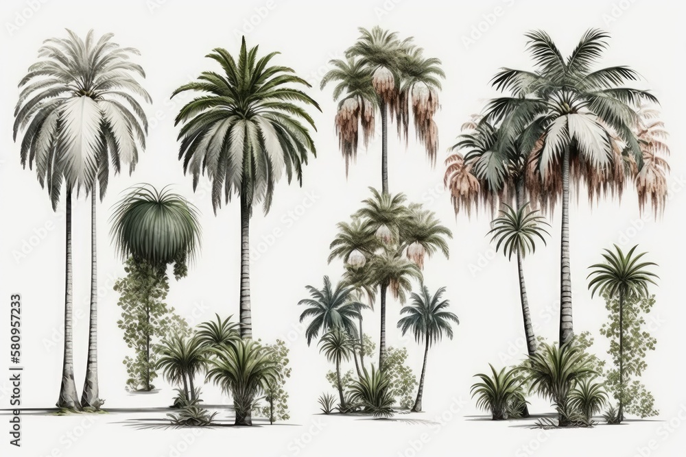 Wall mural palm and coconut trees collection of trees on a white backdrop, isolated. summertime growth results 