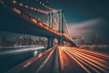 Majestic Manhattan Bridge Illuminated by Cars, AI Generated