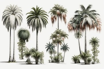 Fototapeta na wymiar palm and coconut trees Collection of trees on a white backdrop, isolated. Summertime growth results in large trees with large trunks. Generative AI