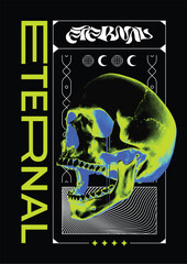 Vector modern poster with skull head in futuristic style print for tshirt