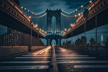 Fototapeta na wymiar Majestic Manhattan Bridge Illuminated by Cars, AI Generated