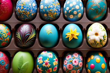 background of Generative AI  decorated  eggs confectionary chocolate for easter sunday in a box