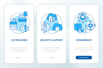 Data lake architecture components blue onboarding mobile app screen. Walkthrough 3 steps editable graphic instructions with linear concepts. UI, UX, GUI template. Myriad Pro-Bold, Regular fonts used